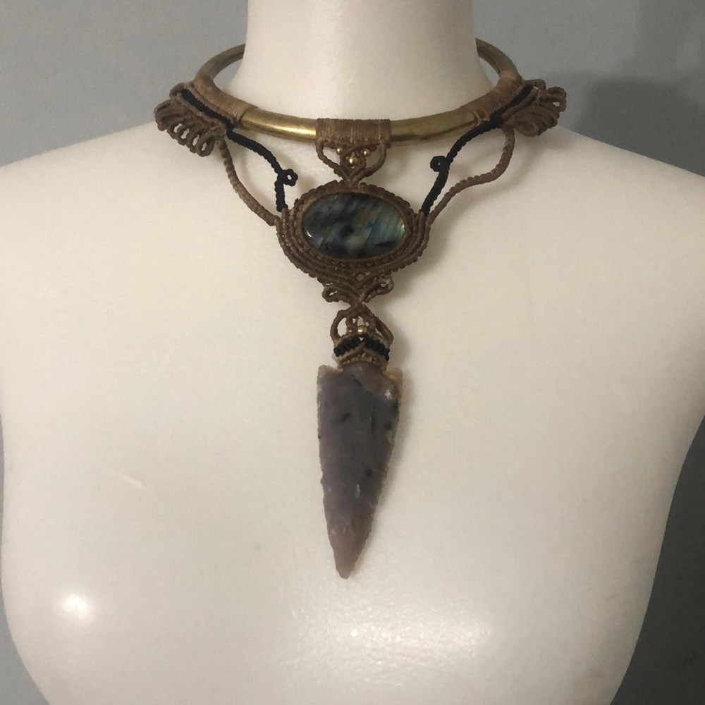 Handmade brass collar necklace macrame with dagger arrowhead spearhead